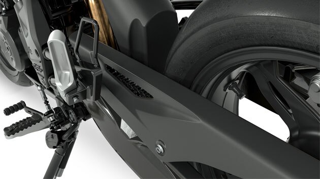 Vemos el brazo oscilante, el protector de cadena y el reposapiés de la G 310 GS en la vista lateral.