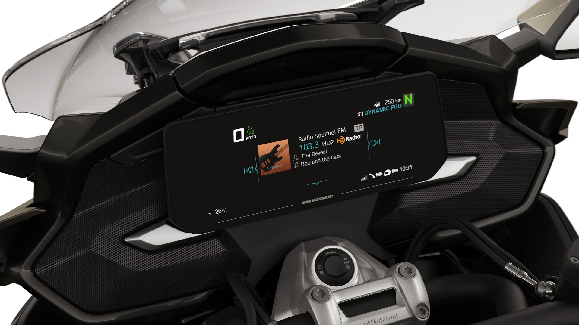 Enfoque en la pantalla TFT y el motor Boxer de la K 1600 Grand America.
